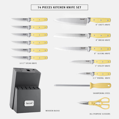 hecef Kitchen Knife Block Set, 14 Pieces Knife Set with Wooden Block & Sharpener Steel & All-purpose Scissors, High Carbon Stainless Steel Cutlery Set (Yellow)