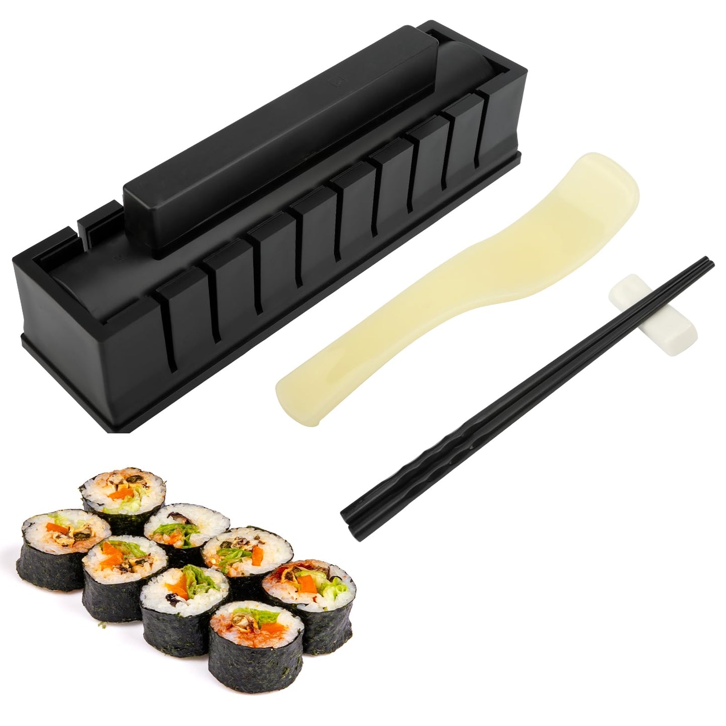 Sushi Making Kit, Sushi Maker 4-in-1 Rice Ball Mold Shapes with Press Mold, Chopsticks, Ceramic Dishes, Spoon
