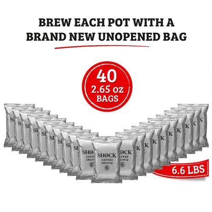Shock Coffee Ground Stay Fresher Packs. The Strongest Caffeinated All Natural Coffee, Up to 50% more Caffeine than Regular Coffee, 6.6 pounds (40-2.65oz bags)