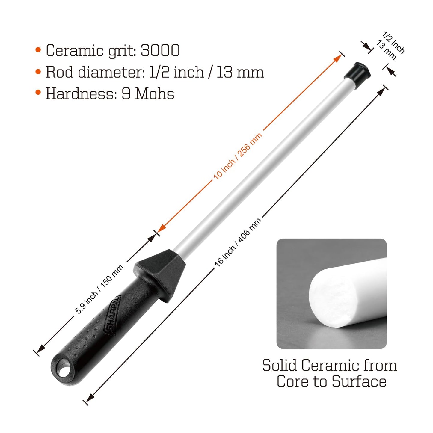 SHARPAL 118H Ceramic Honing Rod - Professional Knife Sharpener Steel, Ceramic Sharpening Rod for Kitchen Knives, Built-in Angle Guide, Anti-Break Cap, Durable Sharpening Stick Mothers Day Gifts