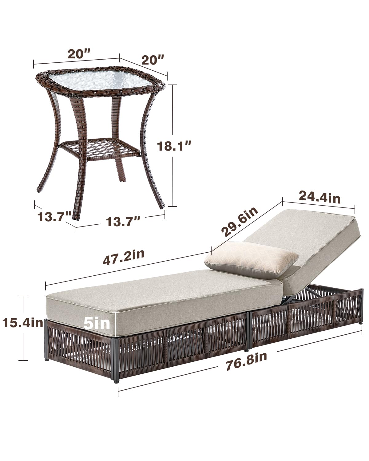 ACTREST Luxury 2PCS Outdoor Chaise Lounge and Side Table Set with 5 Inch Thick Cushions - High Back Brown Wicker Patio Recliners Chairs Lounger for Poolside Pool Porch Garden Sunbathing - Beige