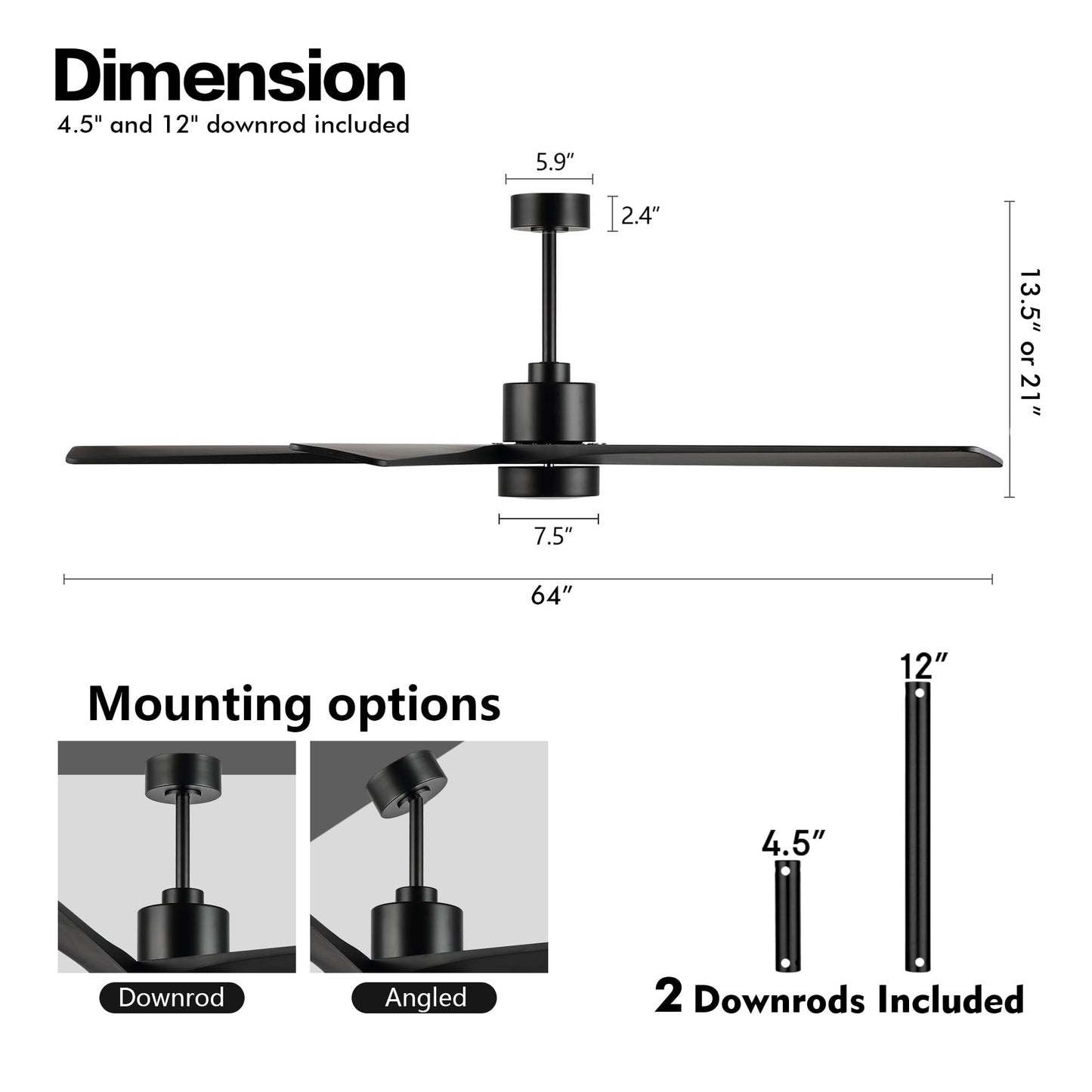 WINGBO 64" DC Ceiling Fan with Lights, 5 Carved Solid Wood Blades, 6-Speed Reversible DC Motor, Matte Black Finish Ceiling Fan with Remote, Black