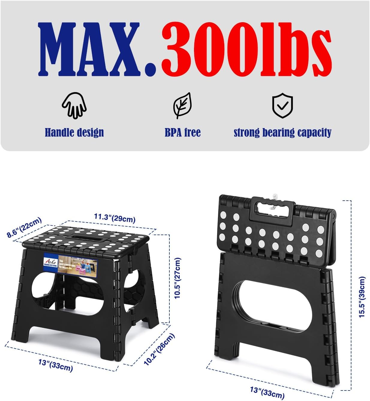 11 Inch 300lbs 1PC ACKO Folding Step Stool Foldable Step Stools for Kids, Foot Stool Black Plastic Step Stool