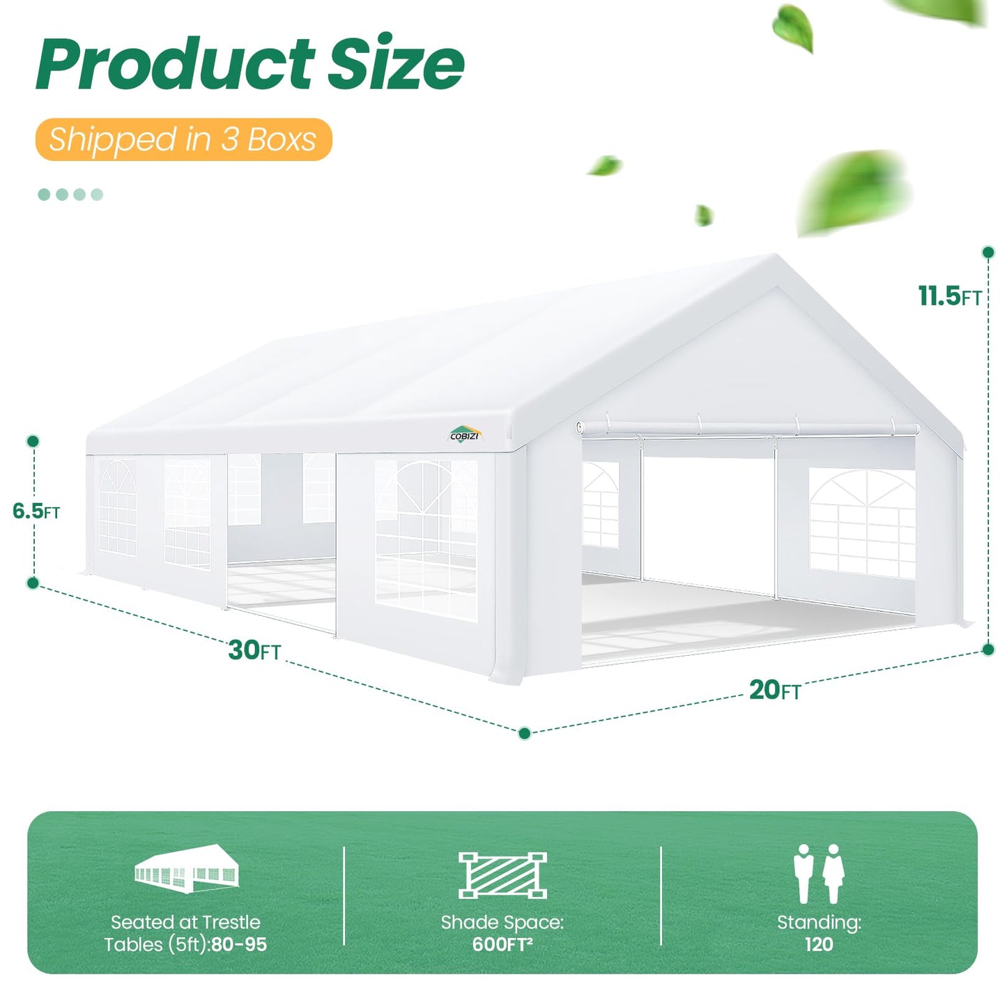 COBIZI 20x30 Outdoor Heavy Duty Party Tent Wedding Canopy with Removable Sidewalls & Storage Bags, Carpas para Fiestas Large Commercial Event Shelter for Patio, Garden UV50+ Waterproof White