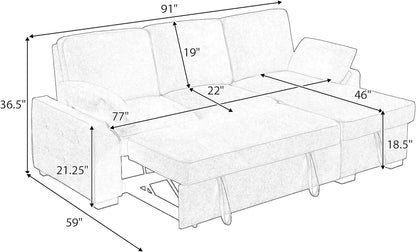 ERYE L-Shaped Pull Out Sleeper Couch Bed, Modern Chenille Upholstered Button Tufted Corner Couch Reversible Sectional Sleeper Sofa Bed W/Storage Chaise, Cup Holders