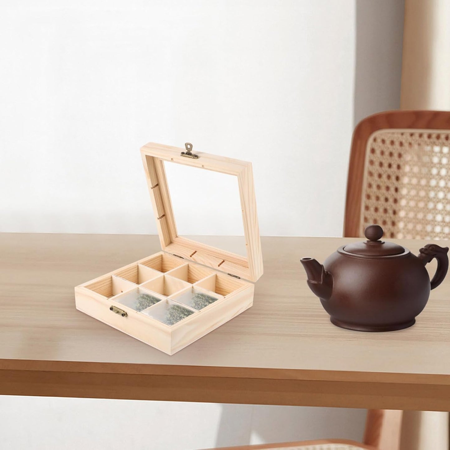 Ciieeo Wood Tea Storage Organizer with Clear Acrylic Top, 9 Compartments for Tea Bag Storage
