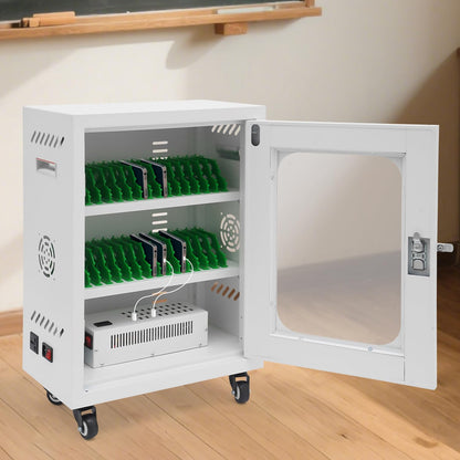 30 Device Charging Station, Mobile Charging Cart for Phones with Tempered Glass Door Rolling Phone Charging Cabinet with Cable Management Slot for Classroom Office (White)