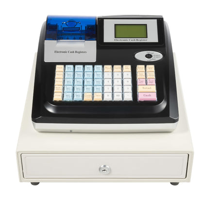 Electronic Cash Register Commercial Cash-Register with Thermal Print Head and 8-Digit LED Customer Screen 48 Keys Keyboard and Cash Drawer Register for Shops, Supermarkets, Restaurants (Black)