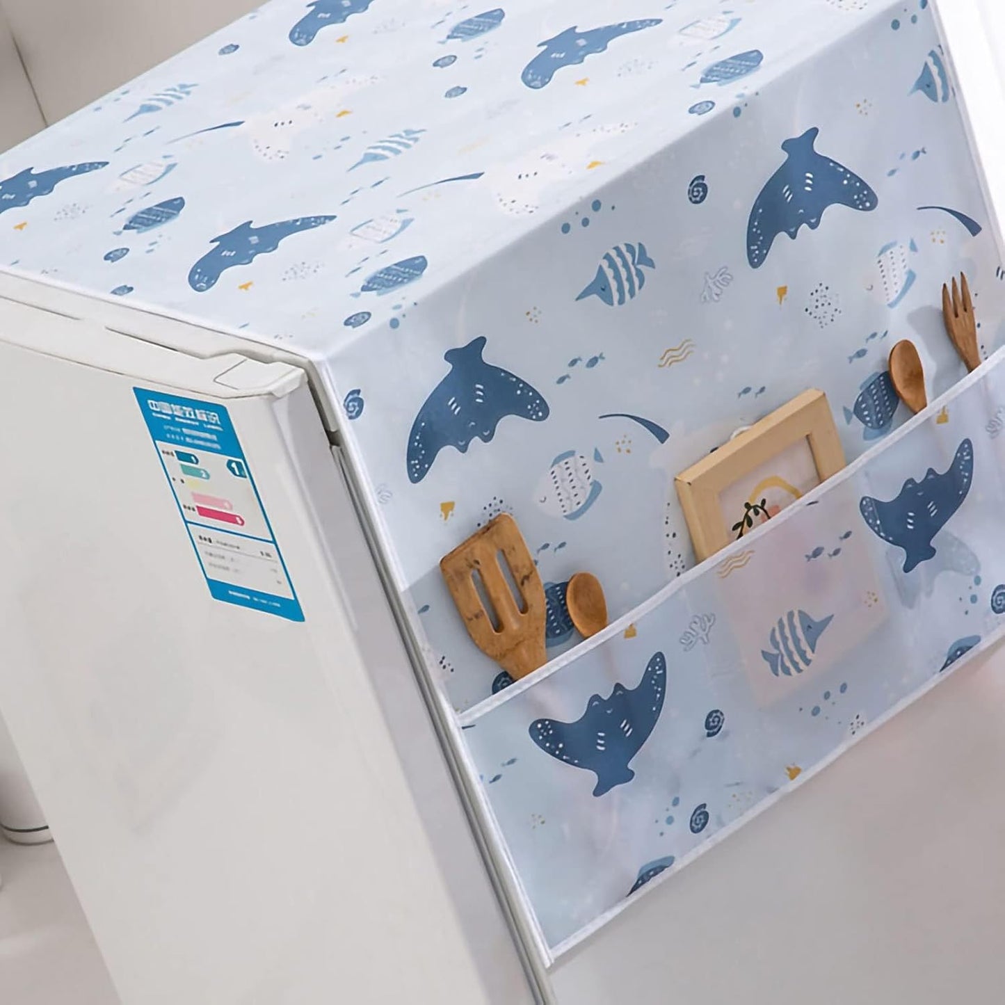 PEVA Refrigerator Dust-Proof Cover, Waterproof Top Cover with Storage Pockets for Home and Kitchen