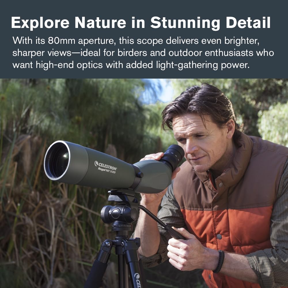 Celestron – Regal M2 80ED Spotting Scope – ED Glass for Birding and Outdoor Activities – Phase and Dielectric Coated BaK-4 Prism – Fully Multi-Coated Optics – Dual Focus – 20-60x Zoom Eyepiece