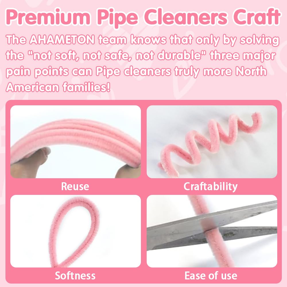 AHAMETON 620-Piece Pink Pipe Cleaner Craft Kit - 6 Pastel Shades Chenille Stems with Floral Wire for DIY Wedding Bouquets, Mother’s Day Gifts & Party Decorations