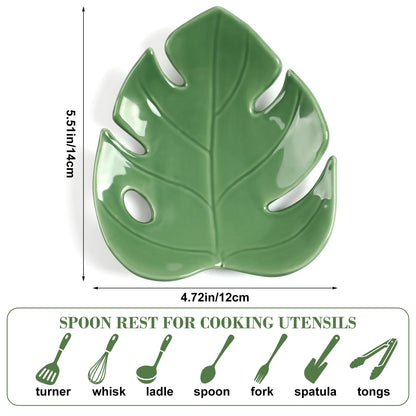 Honeydak Ceramic Spoon Rest for Kitchen Counter Monstera Leaf Shaped Tray Decorative Spoon Rest Tea Bag Dish Tea Light Holder