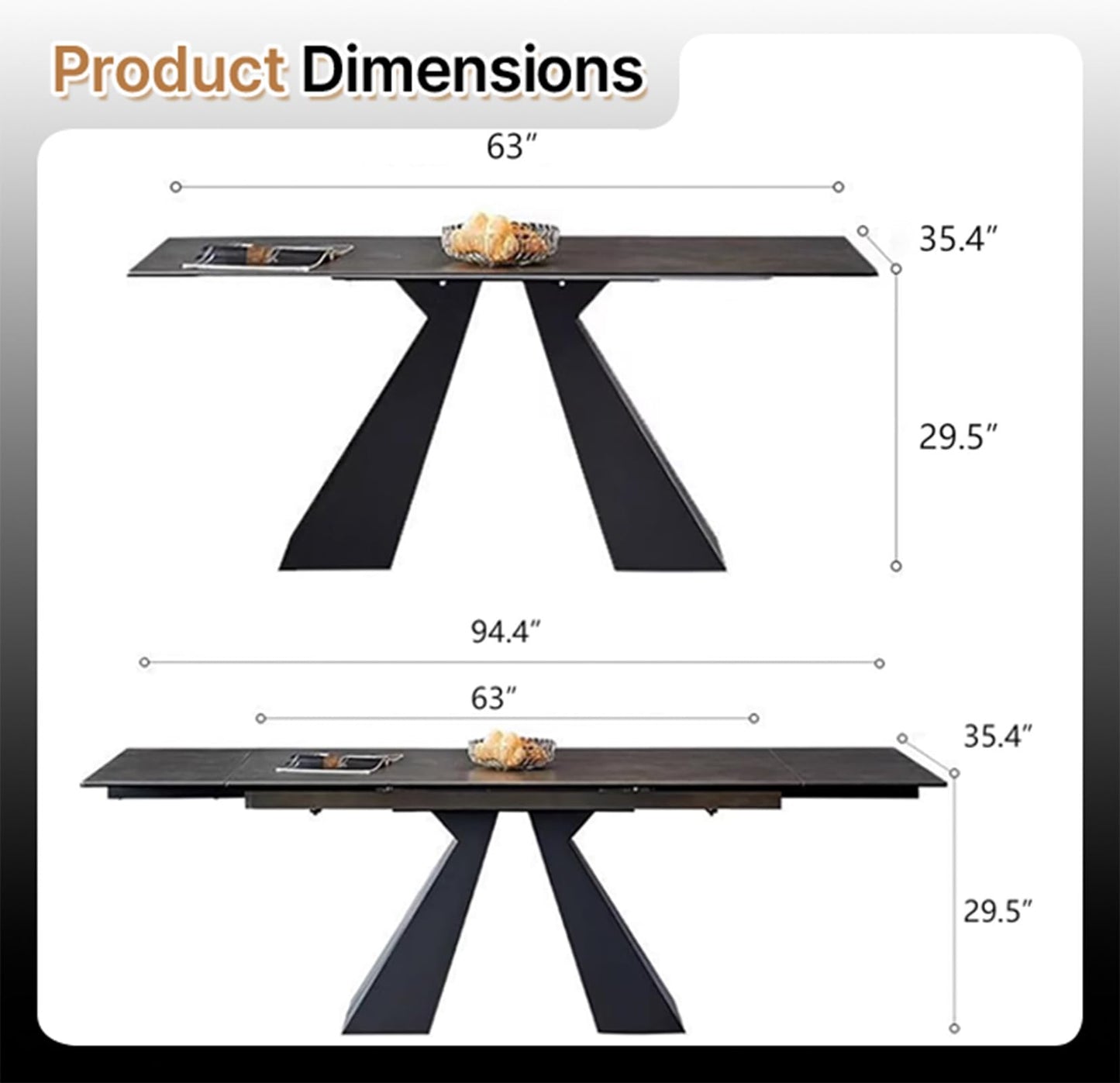 FHKJ Modern Expandable Dining Table- 63" to 94.5" Extendable Dining Room Table, Gray Sintered Stone Top with Black Metal Base - Seats 6-12, Easy Assembly (Table Only)