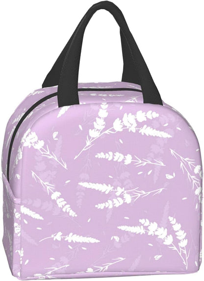Reusable Lunch Box - Cute Lavender Flowers Light Purple Cooler Tote for Travel Picnic, Insulated Durable Shopping