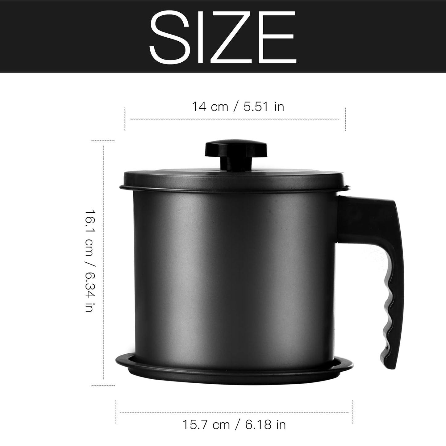 Cambom Bacon Grease Container with Fine Mesh Strainer, 1.3 L almost 6 Full Cups Iron Cooking Oil Can with Removable a Coaster Tray for Kitchen Fat Storage Black