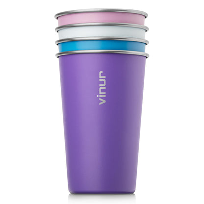 VINUR 16 oz Stainless Steel Cups 4 Pack Pint Tumbler Stackable Metal Drinking Glasses for Travel, Camping, Outdoors (Purple Pink-Sky Blue-Purple-Baby Blue)