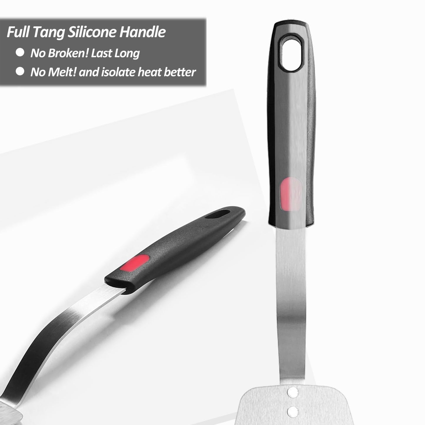 Stainless Steel Flexible Spatula Solid Turner, XiaoZu Thin Metal Spatula for Cast Iron Skillet, Thin Blade and Heat Resistant Silicone Handle, Great for Egg, Cookie, Meat, Crep, Medium + Large