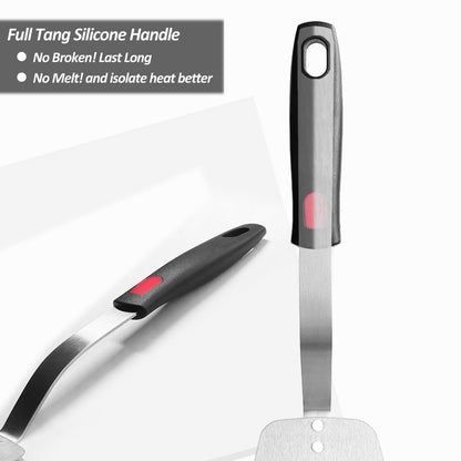 Stainless Steel Flexible Spatula Solid Turner, XiaoZu Thin Metal Spatula for Cast Iron Skillet, Thin Blade and Heat Resistant Silicone Handle, Great for Egg, Cookie, Meat, Crep, Medium + Large