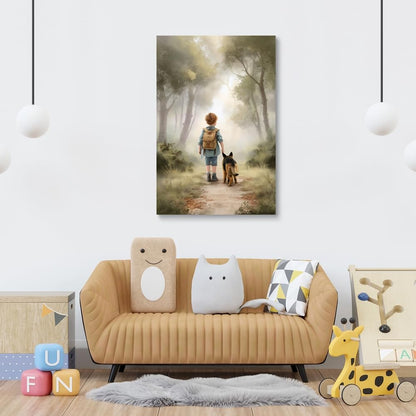 SKYSUKEY 16"x24" Boy and Dog Friend German Shepherd Dog Adventure Nursery Wall Decor, Outdoor Forest Nursery Wall Art
