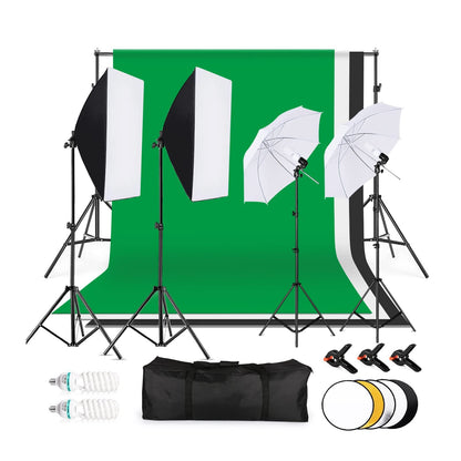 Backdrop Stands Photography Kit 1.8 * 2.7M Black White Green Backdrop 3*Fish-Like Mount Clip 5In1 Reflector 33" White Soft Light Umbrella