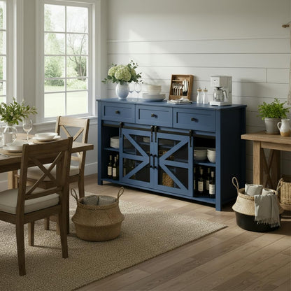 GDFStudio 55" Farmhouse Buffet Cabinet with Sliding Barn Mesh Doors & 3 Drawers, Sideboard Storage Cabinet with Adjustable Shelves, Coffee Bar Cabinet Credenza for Dining Room Living Room, Navy Blue