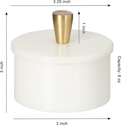 Queenza White Marble Salt Cellar with Lid and Brass Knob, 3 Inch Salt and Pepper Bowls, Kosher Salt Holder for Gifts