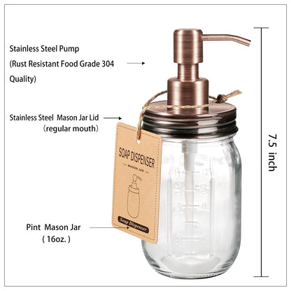 Amolliar Mason Jar Liquid Soap Dispenser, 16OZ Glass Countertop Lotion Dispenser Bottle, Farmhouse Decor for Kitchen, Bathroom, Refillable Dispenser for Hand Soap, Dish Soap, Lotion Soap, Copper 2Pack