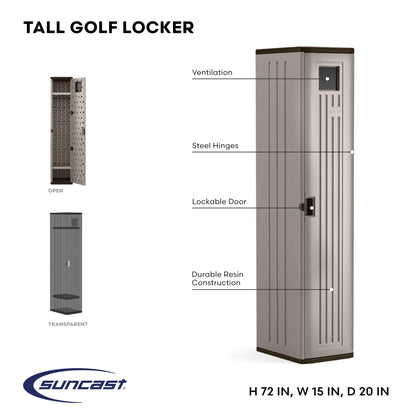 Suncast Garage and Golf Storage Organizer – Golf Rack and Bag Storage, Hall Tree with Shoe Cubby, Heavy-Duty Resin Locker Cabinet with Adjustable Shelves, Lockable, for Golf Equipment, Made in the USA