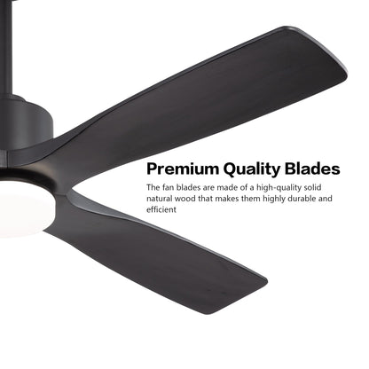 WINGBO 54 Inch DC Ceiling Fan with Lights and Remote Control, 4 Carved Solid Wood Blades, 6-Speed Noiseless Reversible DC Motor, Modern Ceiling Fan in Matte Black Finish with Black Blades