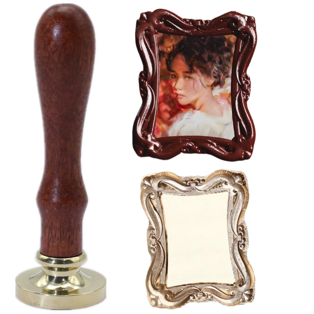 3D Embossed Frame Wax Seal Stamp, Frame Relief Carving Sealing Stamp Set with 150Pcs Red Green Gold White Sealing Wax Beads in 5 Color, Melt Spoon Pen Kit for Wedding and Christmas (KM09)