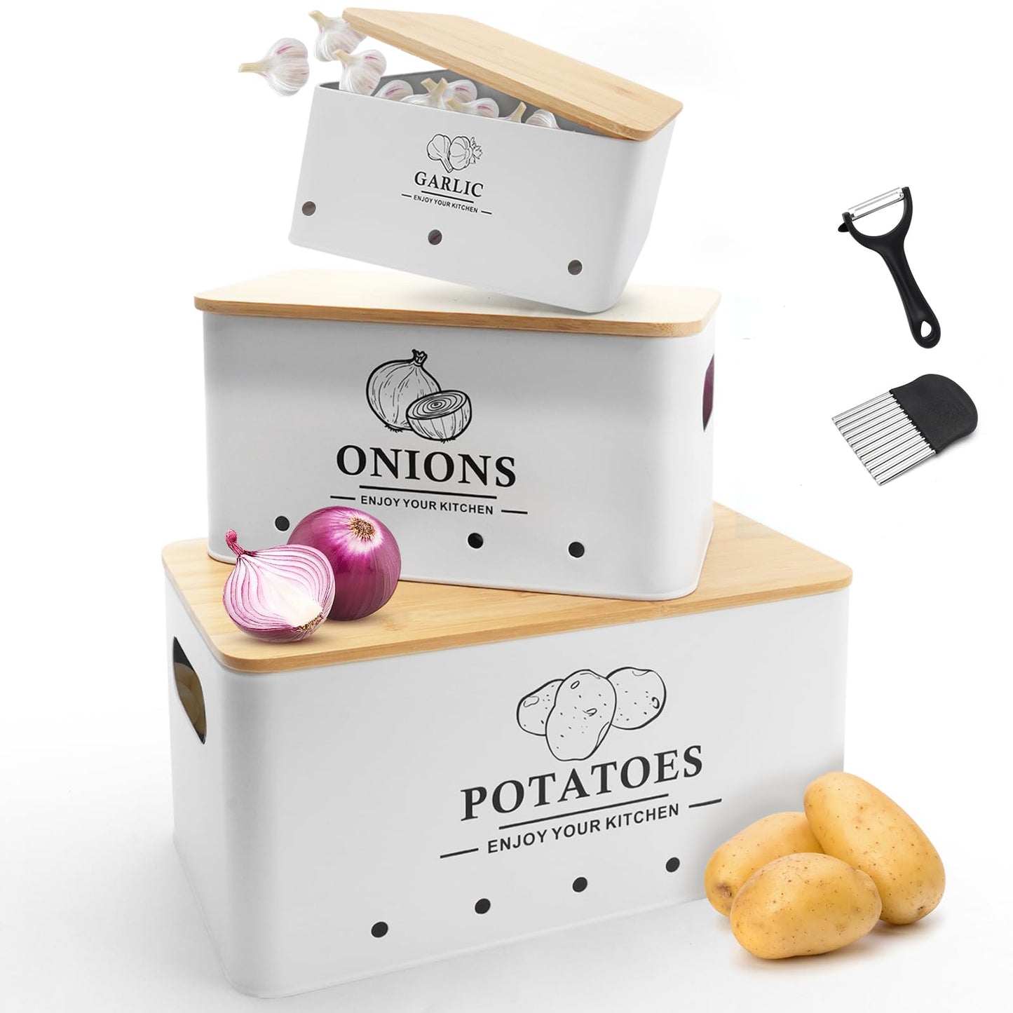 Dekosilave Kitchen Vegetable Storage Set of 3, Metal Onion Garlic Potato Storage Set, Kitchen Canisters Vegetable Keeper Containers with Aerating Holes and Wooden Lid (White)