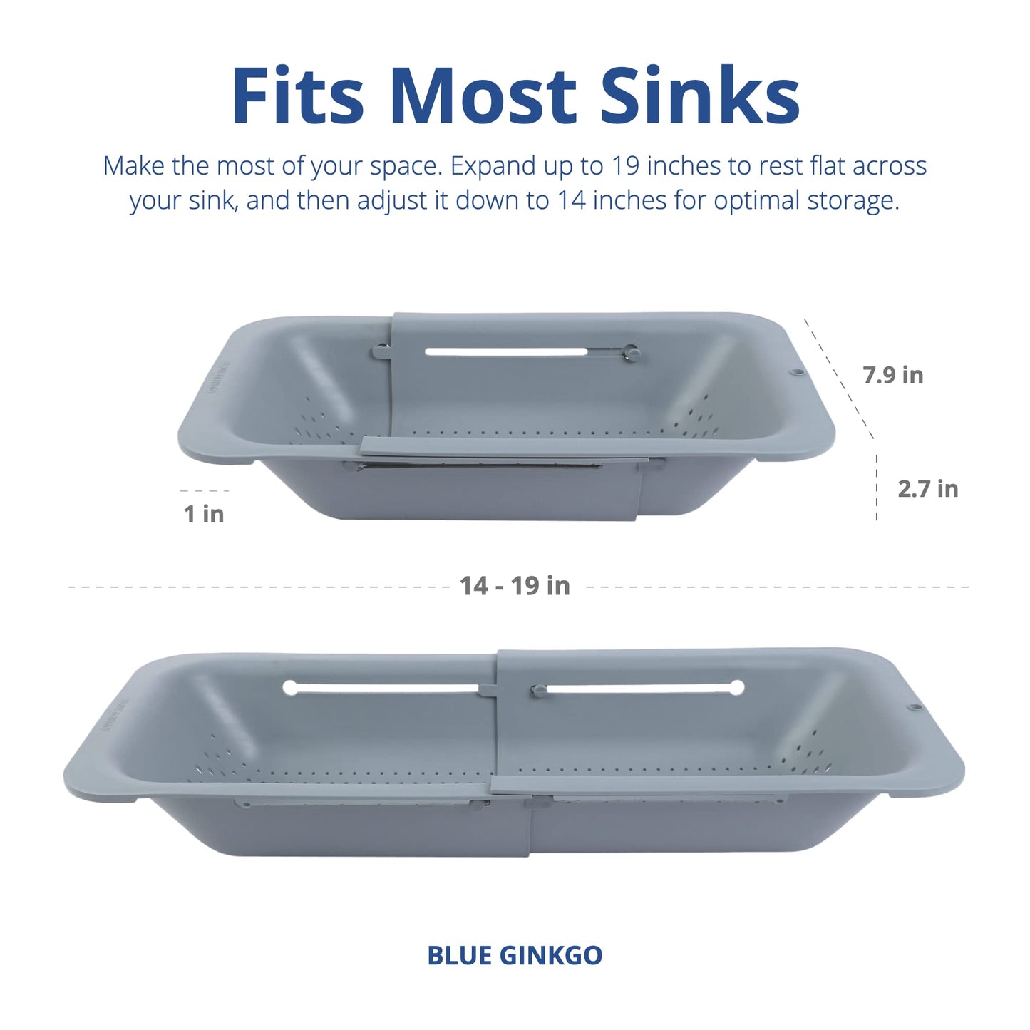 BLUE GINKGO Over the Sink Colander Strainer Basket - Wash Vegetables and Fruits, Drain Cooked Pasta and Dry Dishes - Extendable - New Home Kitchen Essentials (Grey, 1 Pack)