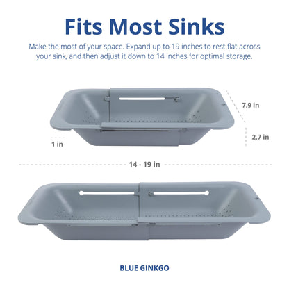 BLUE GINKGO Over the Sink Colander Strainer Basket - Wash Vegetables and Fruits, Drain Cooked Pasta and Dry Dishes - Extendable - New Home Kitchen Essentials (Grey, 1 Pack)