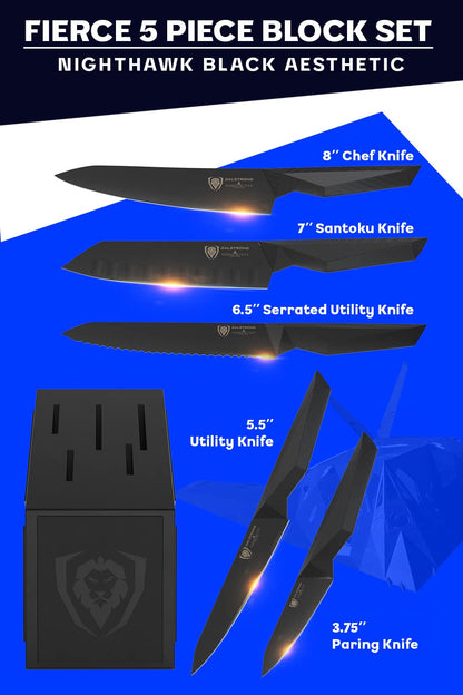 Dalstrong 5-Piece Kitchen Knife Set Block - High Carbon German Steel Full Tang - Wood Knife Block Set - Black Handles G10 Shadow Black Series - Professional NSF Knives set for Kitchen Cuchillos