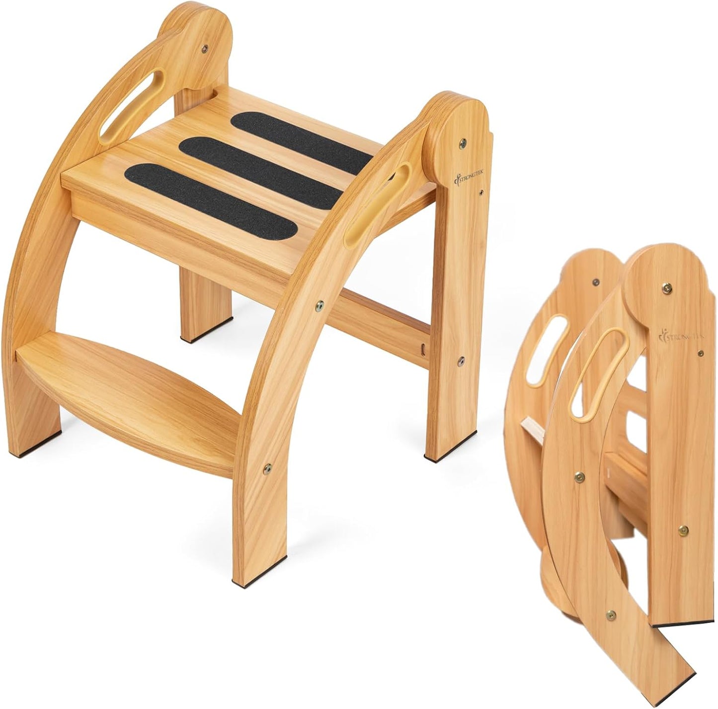 12-Inch StrongTek Kids Step Stool with Handrails, Foldable Safety Stool, Wide Non-Slip Surface, Wooden Step Ladder