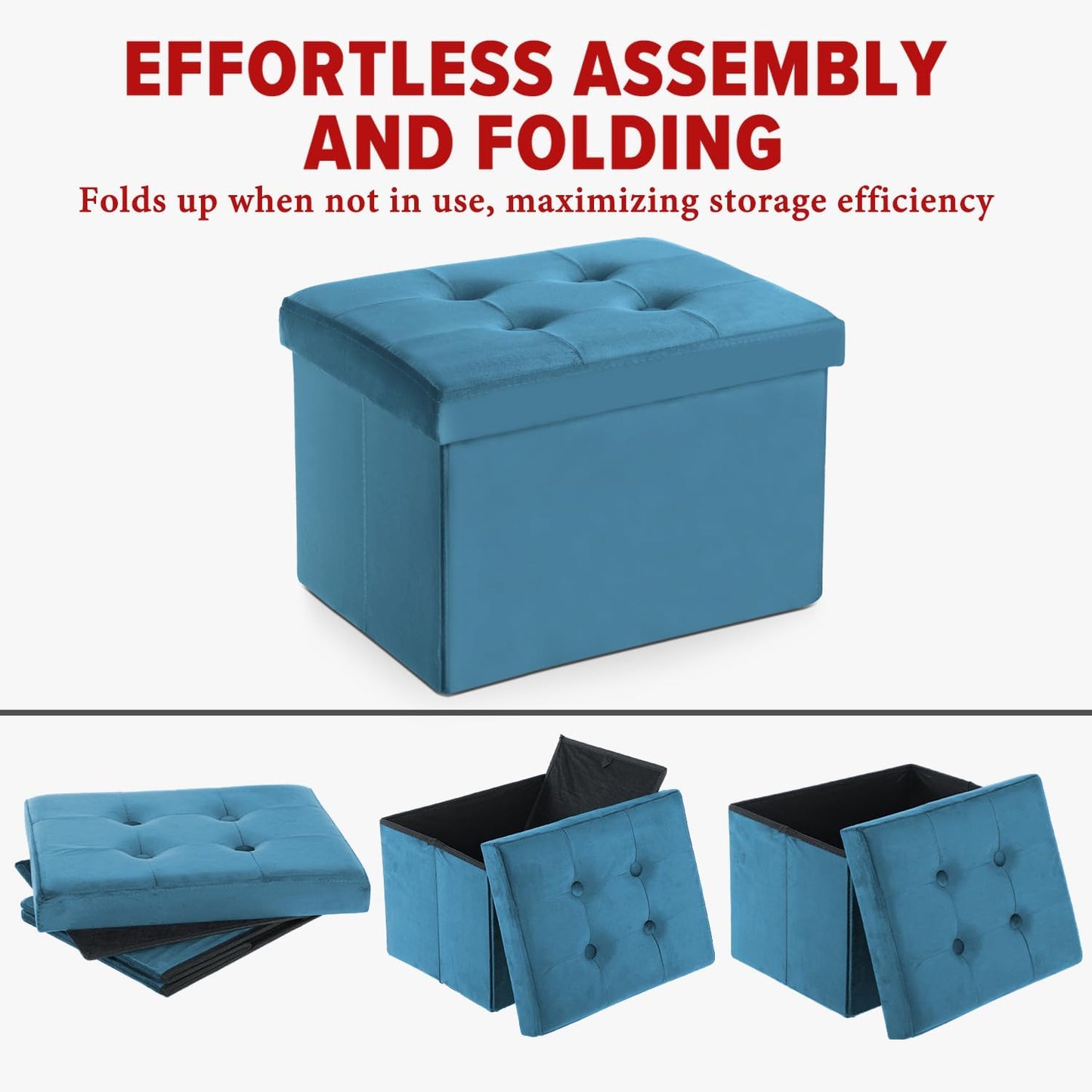 17x13x13in(Blue) LINMAGCO Storage Ottoman Folding Foot Stool Velvet Foot Rest with Padded Modern Ottoman with Storage