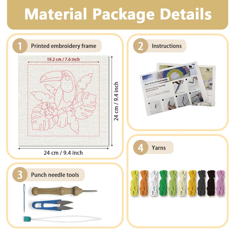DOODLREAM Color Toucan Punch Needle Kit for Beginner, 9.4"x9.4" Plams Leaves Punch Stitching Craft Set, Bird DIY Embroidery Starter with Printed Frame, Instruction, Threader, Yarn, Pinch Needle