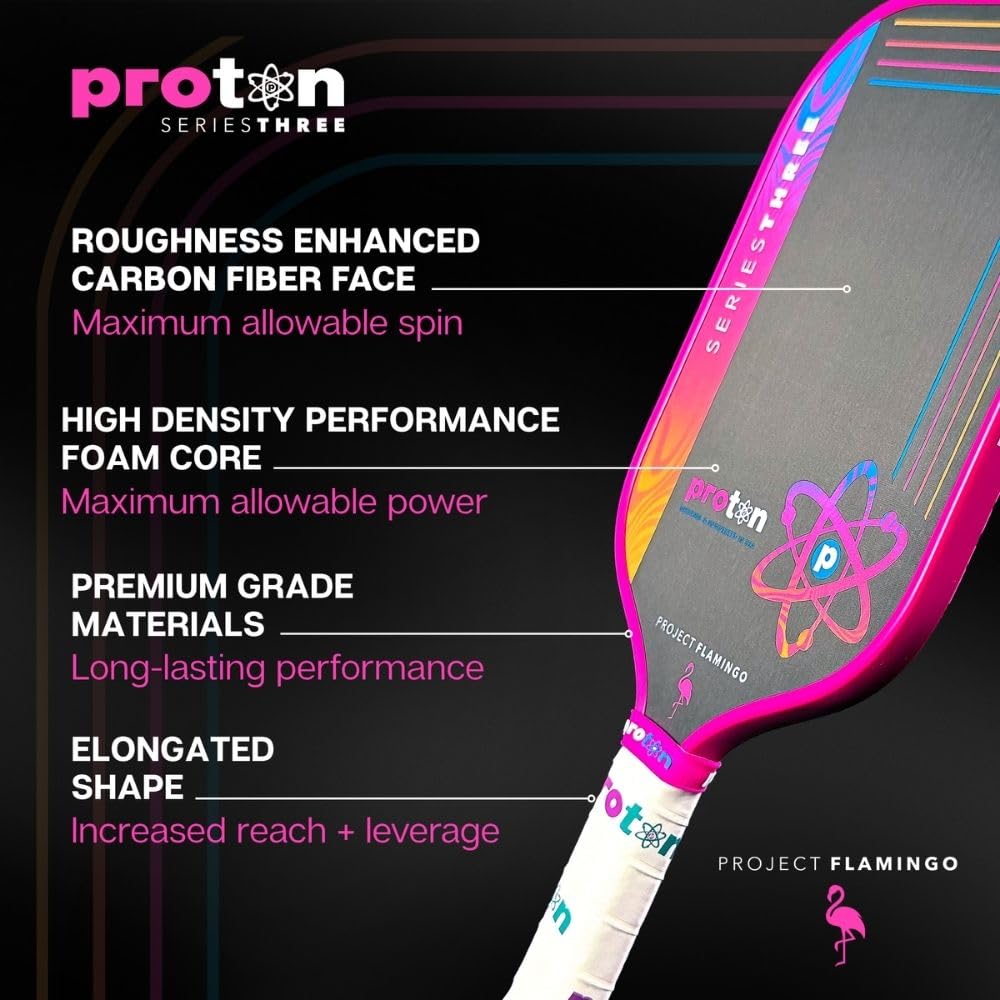 Proton Series Three Project Flamingo Pickleball Paddle - 15mm Velocity Core & Carbon Fiber Face (Pink, Widebody)