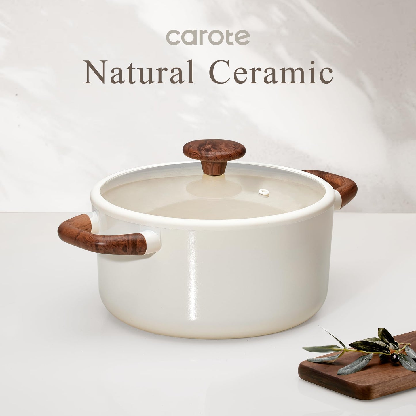 CAROTE 5QT Nonstick Stock Pot with Lid, 5 Quart Casserole with Ladle, Even Heating Stockpot, Fits All Stoves, Non Stick Big Cooking Pots PFOA Free, White