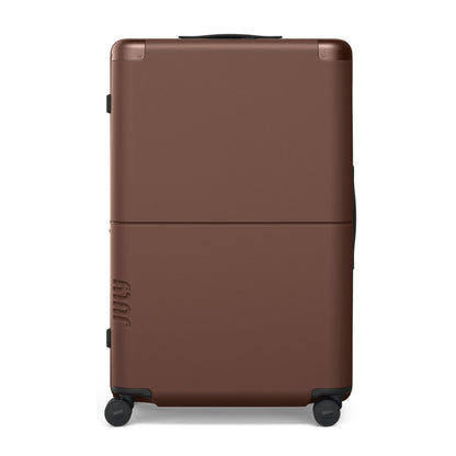 July Checked Plus Expandable - 28.75" Airline Approved Check In Luggage with Wheels, Rolling Suitcase for Men & Women - TSA Lock, Silent Spinner Wheels, Expansion Zip, Y-Strap - Dark Brown