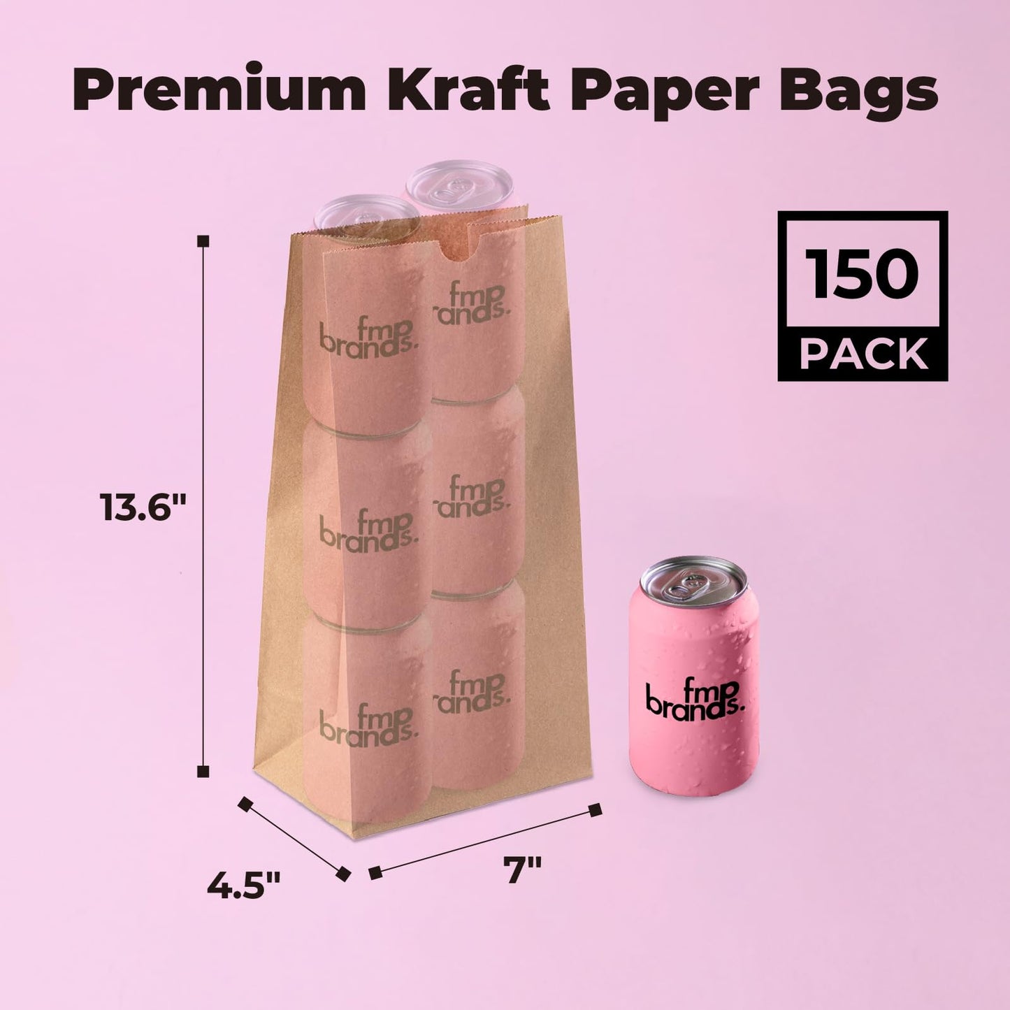 Fit Meal Prep 150 Pack 12 lb Brown Paper Lunch Bags, 13 x 7 x 4.5" Durable Paper Bags Bulk for Packing, Delivery, Take Out, Grocery, Retail Shopping, Premium Kraft Sack for Snacks, Bakery