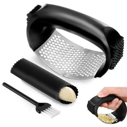 FATUXZ Garlic Press Rocker Set，Stainless Steel Garlic Mincer Tool with Garlic Peeler and Cleaning Brush Kitchen Gadgets Essentials Garlic Chopper
