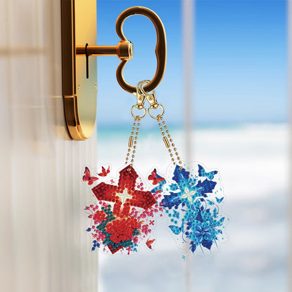 POETRYDRAW 6Pcs Diamond Painting Keychains Double Sided 5D Cross Flower Diamond Art Kit Full Drill DIY Diamond Art Keychain Gem Art Diamond Painting Kits for Adults