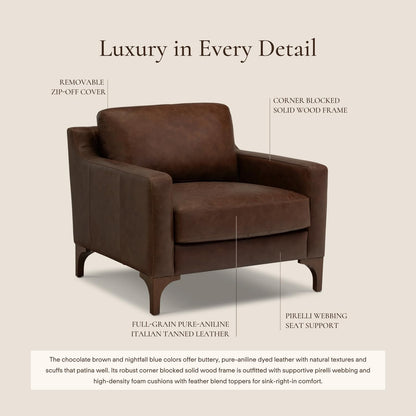 Poly & BARK Sorrento Leather Lounge Chair – Full-Grain Chocolate Brown Leather Upholstery with Feather-Blend Cushions – Modern Upholstered Accent Chair for Bedroom or Living Room – Lounge Seating