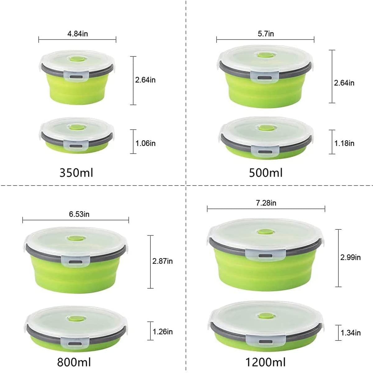 Collapsible Bowls For Camping, Set of 4 Silicone Food Storage Containers with Lids, Rv storage and organization, Rv Kitchen Accessories, BPA Free, Microwavable, Freezer, Dishwasher Safe Green