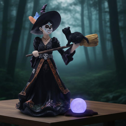 Comfy Hour 9" Dark Fairy Witch Figurine on Broom, Gothic Sorceress with Black Cat Statue, Mystical Fantasy Home Office Desktop Decor, Artisan Crafted Resin Sculpture, 1 Unit