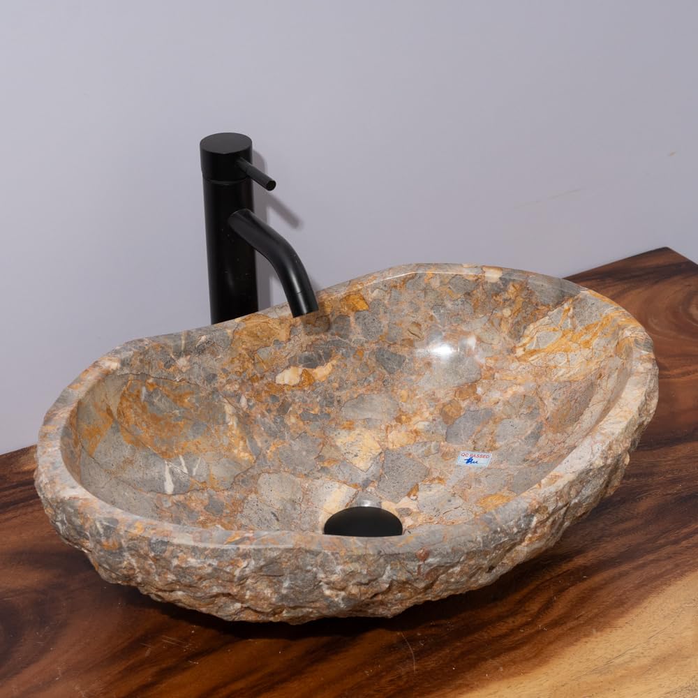 Golden Gray Marble Vessel Sink, Hand-Carved Canoe-Shaped Bathroom Sink in Solid Natural Marble, Beige with Gold & Gray Earth Tone Veins – Modern Rustic Countertop Sink