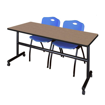 Regency Kobe 72 x 30 in. Flip-Top Training Nesting Table- Noble Oak, 2 M Stack Chairs- Blue