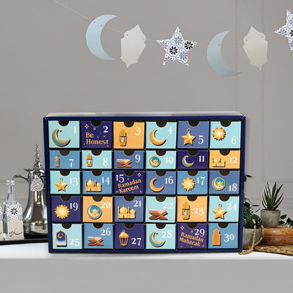 MOVINPE Ramdan Calendar with Drawers 2026 Ramadan Gifts for Kids, 30 Pre-Assembled Empty Boxes Eid Mubarak Coutdown Calendar Fillable Islamic Art Gift Box, Ramadan Party Supplies (Blue)