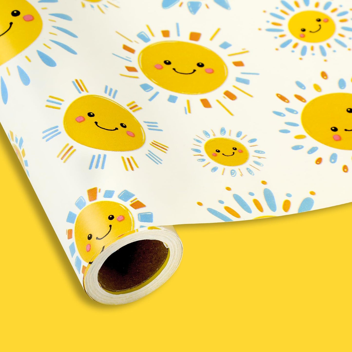 JarThenaAMCS Happy Sun Wrapping Paper - Mini Roll - 17 Inch x 32.8 Ft Blue Yellow Smile Sunshine Gift Wrap Paper Double-Sided for Summer Birthday Baby Shower Party DIY Crafts